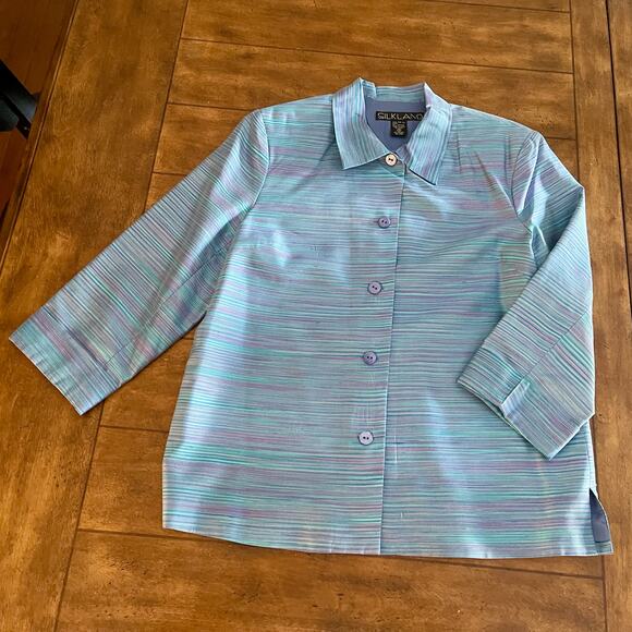 Silkland 100% Silk Button Down Shirt Womens Sz 12 Turquoise R-23 - Picture 6 of 11